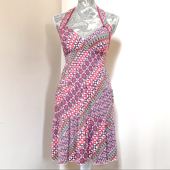 Guess Ruffle Halter Dress Multi Color Modern Print - Picture 1 of 6